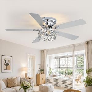 52 Inch Flush Mount Ceiling Fans with Lights and Remote, 5-Blade, 6-Speed Reversible DC Motor, Modern Low Profile Ceiling Fan Crystal Fandeliers for Bedroom Living Room Kitchen (Chrome)