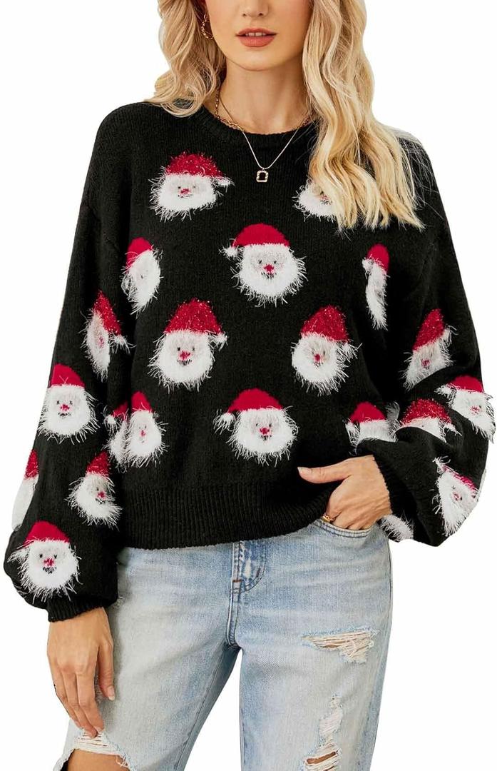 Gihuo Women's Ugly Christmas Sweater Cute Santa Funny Xmas Holiday Knitted Pullover Crewneck Sweater Tops (Large, Black)