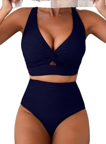 Herseas Women's Textured Bikini Sets Twist Front Top Swimsuits High Waisted Bathing Suits XL, Navy Blue