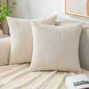 EMEMA Pack of 2 Corduroy Soft Soild Decorative Square Throw Pillow Covers Cushion Cases Spring Pillowcases for Couch Sofa Bedroom Car 14x14 Inch Cream White