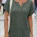 AUTOMET Women Tops Summer Sweaters Short Sleeve V Neck Henley Shirts Dressy Button Blouses