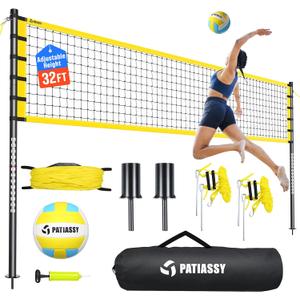 Outdoor Volleyball Net Set for Backyard & Beach, 32FT Regulation Size, Easy Setup Adjustable Height Poles, Portable Net System with PU Volleyball, Pump & Carry Bag