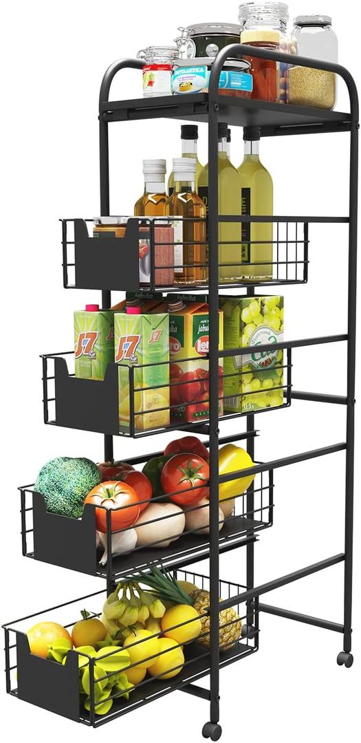 WHIFEA 5 Tier Slim Rolling Cart with Pull-Out Drawers, Multi-Layer Narrow Storage Shelf Organizer on Wheels, Metal Wire Baskets for Fruit, Dishes, Freestanding Unit for Kitchen, Bathroom, Home Office
