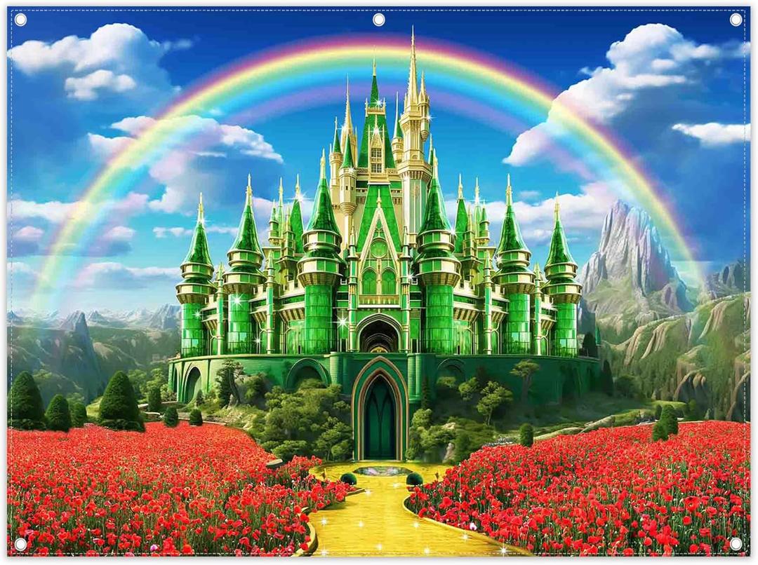 8x6ft Polyester Green Castle Backdrop Yellow Brick Road Rainbow Sky Photography Background Floral Banner Kids Party Decorations Photo Props