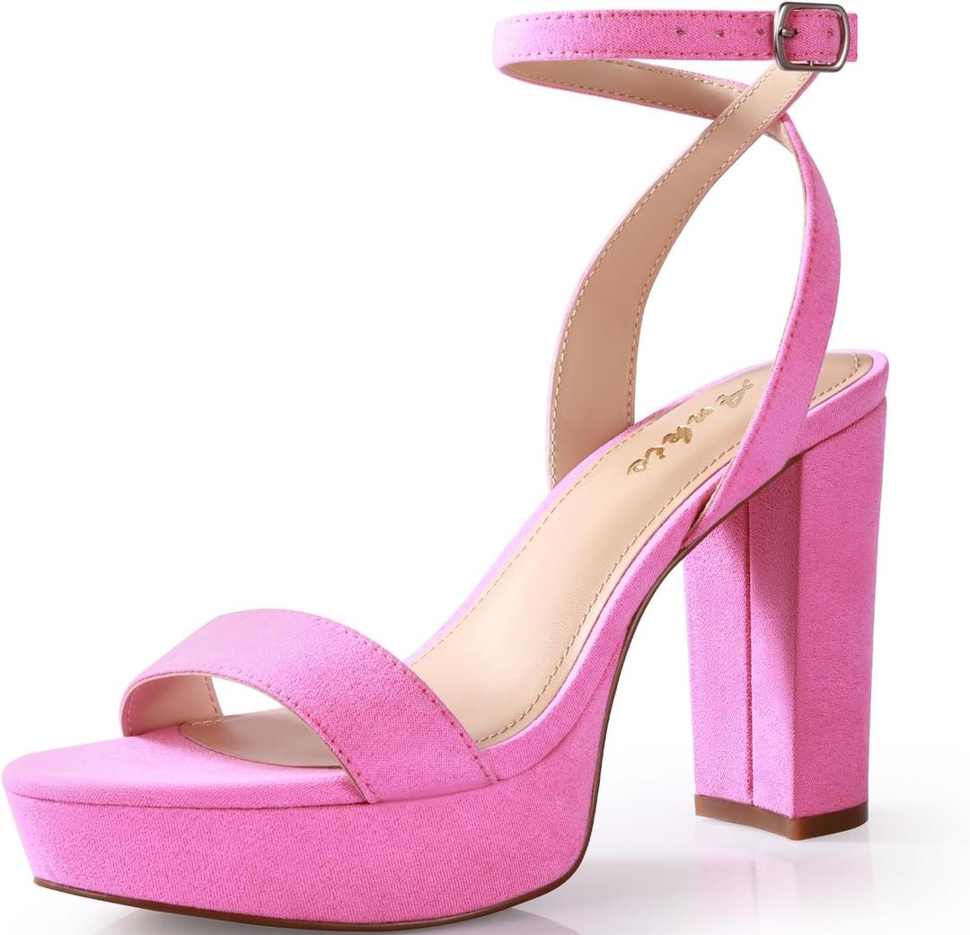 Ankis Platform Heels for Women 4 Inches Chunky Heels Sandals for Women Comfy Open Toe Block Heeled Sandals Nude White Silver Gold Black Ankle Strappy Heels (6, H- Pink Suede)