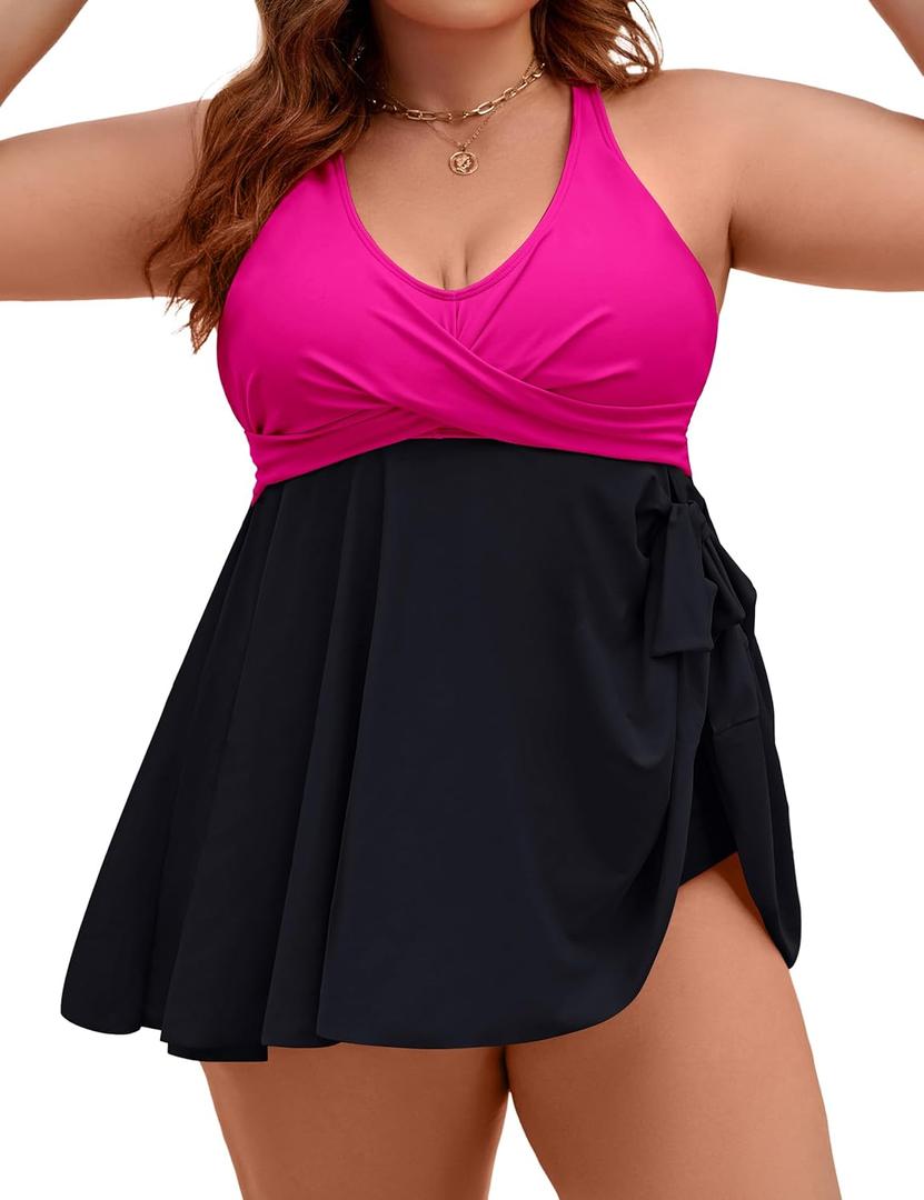 Edelqual Womens Plus Size Tankini Swimsuit Two Piece Tummy Control Bathing Suits Swim Dress Swimwear with Shorts (XX-Large Plus, Hot Pink & Black)
