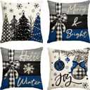 AVOIN colorlife Merry Christmas Joy Xmas Trees Blue and Black Throw Pillow Covers, 20 x 20 Inch Christmas Winter Holiday Cushion Case Decoration for Sofa Couch Set of 4