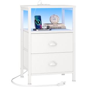Furologee Nightstand with Charging Station, End Table with LED Lights, Bedside Table with Fabric Drawers and Storage Shelf, White Night Stands for Living Room/Bedroom (1 PC)