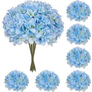 Hollyone 6 Pcs Blue Hydrangea Artificial Flowers Heads with Stems Silk Faux Hydrangea Blue Fake Flowers for Home Indoor Outdoor DIY Floral Wedding Flower Bouquets Kitchen Table Centerpiece Decor