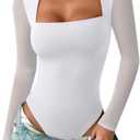 PINKMSTYLE Long Sleeve Mesh Bodysuit for Women Square Neck Going Out Tops Date Night Outfit White Small