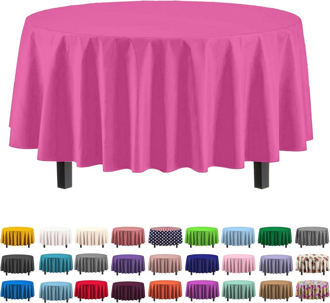 Party Solids 6-Pack Premium Plastic Tablecloth 84in. Round Plastic Table Cover - Cerise