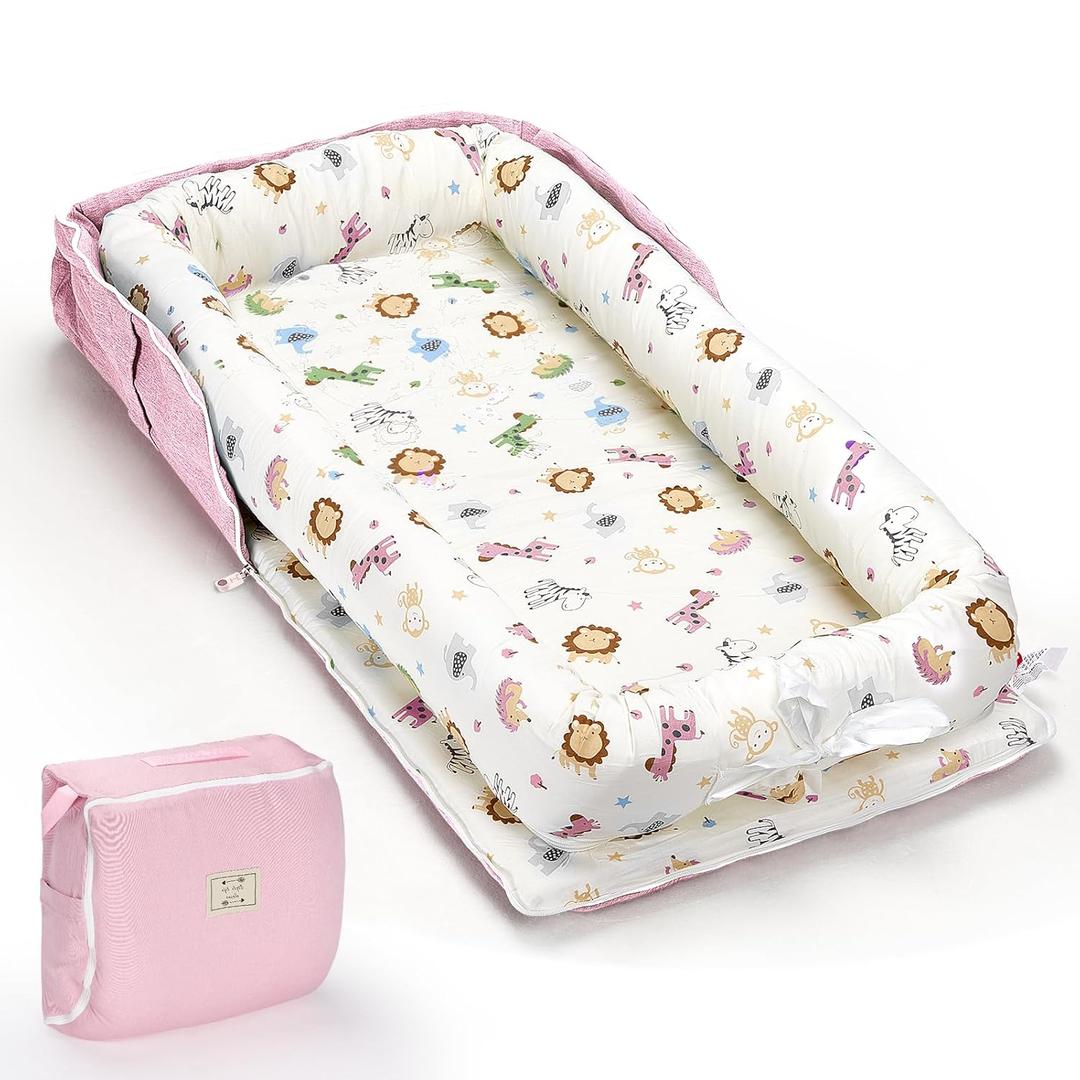 Baby Lounger for Newborn, Portable Infant Lounger for 0-24 Months Newborn, Home Travel Dual-Purpose Baby Nest (Animal World Pink)