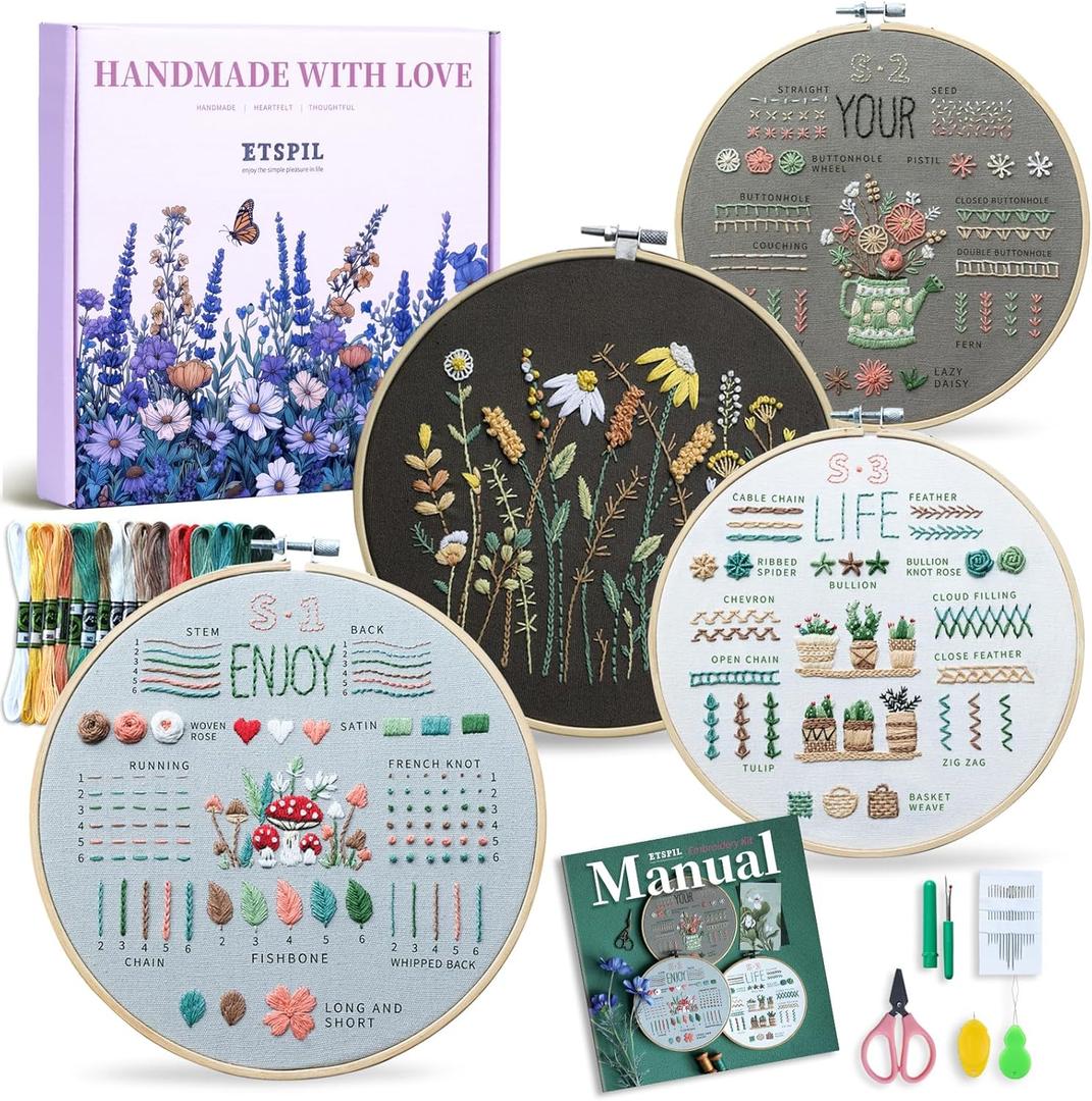 ETSPIL Embroidery Kit for Beginners, 4 Floral Patterns, Learn 33 Stitches, Pre-Printed Fabric, 7.8-Inch Hoop, Colored Threads and Needles, Easy Video Guide, DIY Hand Sewing Gift for Adults and Teens