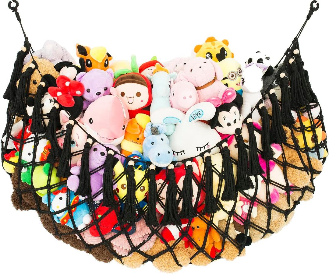 Stuffed Animal Hammock Wall Mounted Hanging Net for Stuffed Animal Storage Holder Handmade Macrame Toy Hammock Boho Nursery Organizer Plushies Net(Black)