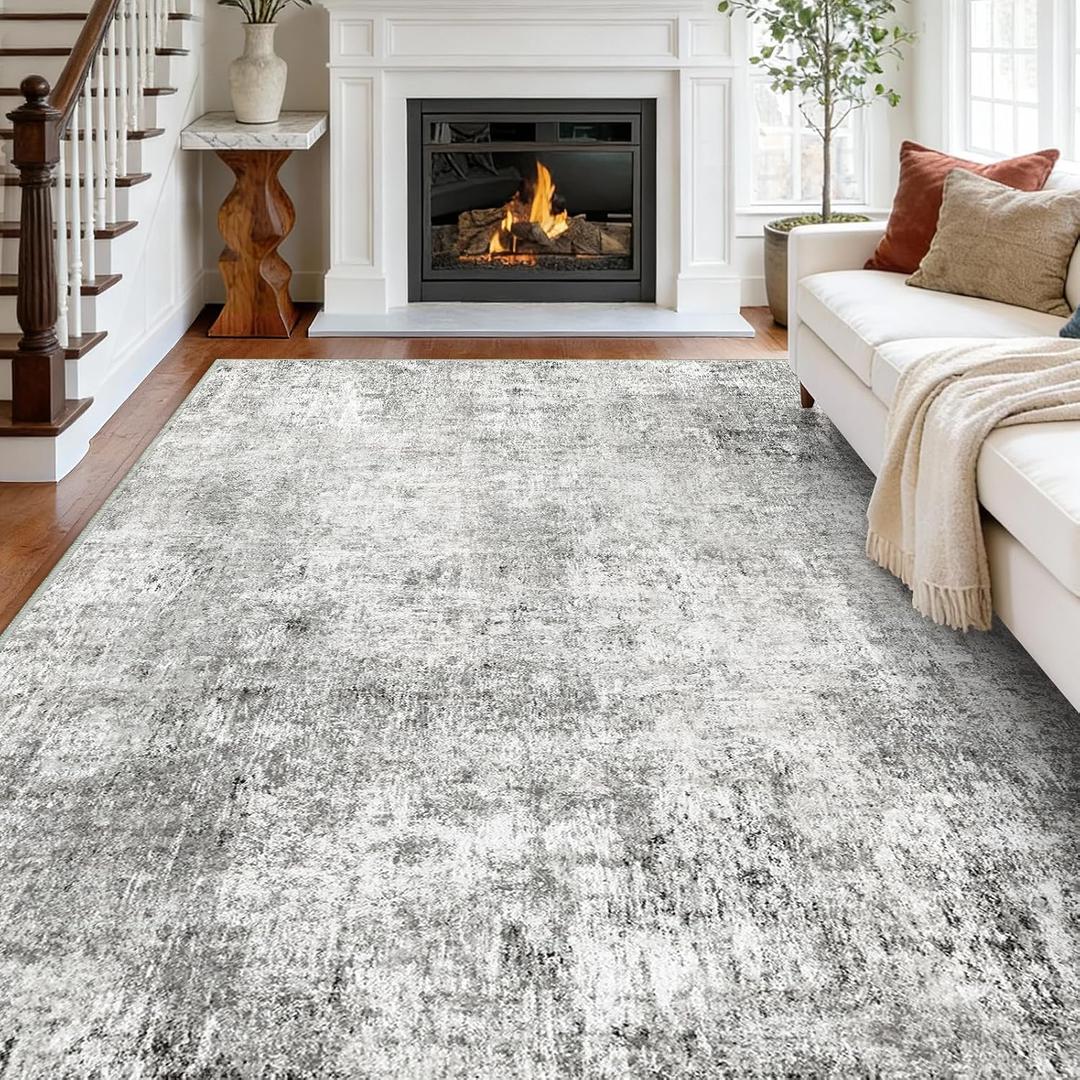RELEANY Washable Area Rugs 9'x12' Non-Slip Modern Abstract Soft for Living Room Entryway Bedroom Nursery, Print Pattern, Gray White Grey