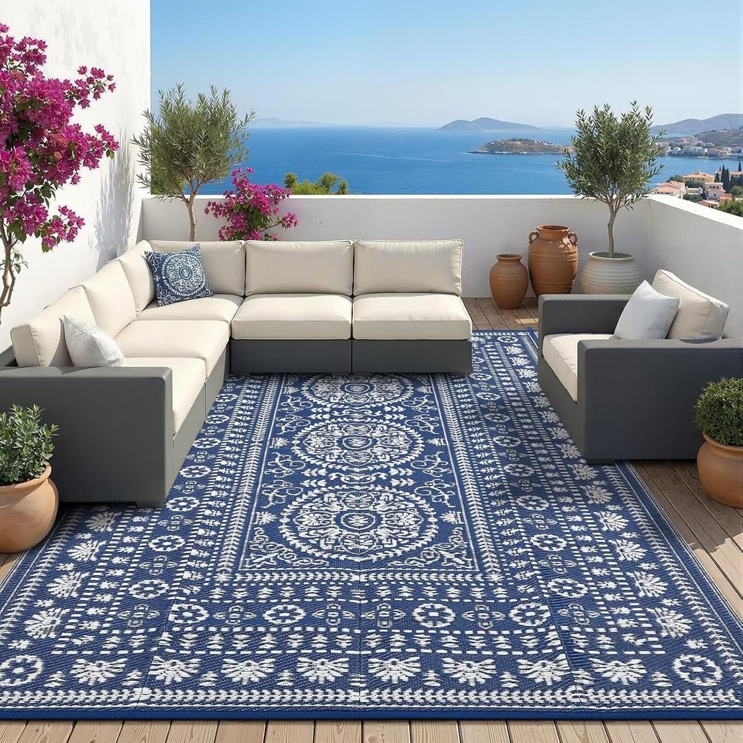 Garvee Reversible Outdoor Rug 6x9 for Patio, Waterproof Outdoor Area Rug, Modern Medallion Indoor Outdoor Rugs, Plastic Straw Rug for RV, Camping, Deck, Vintage Navy