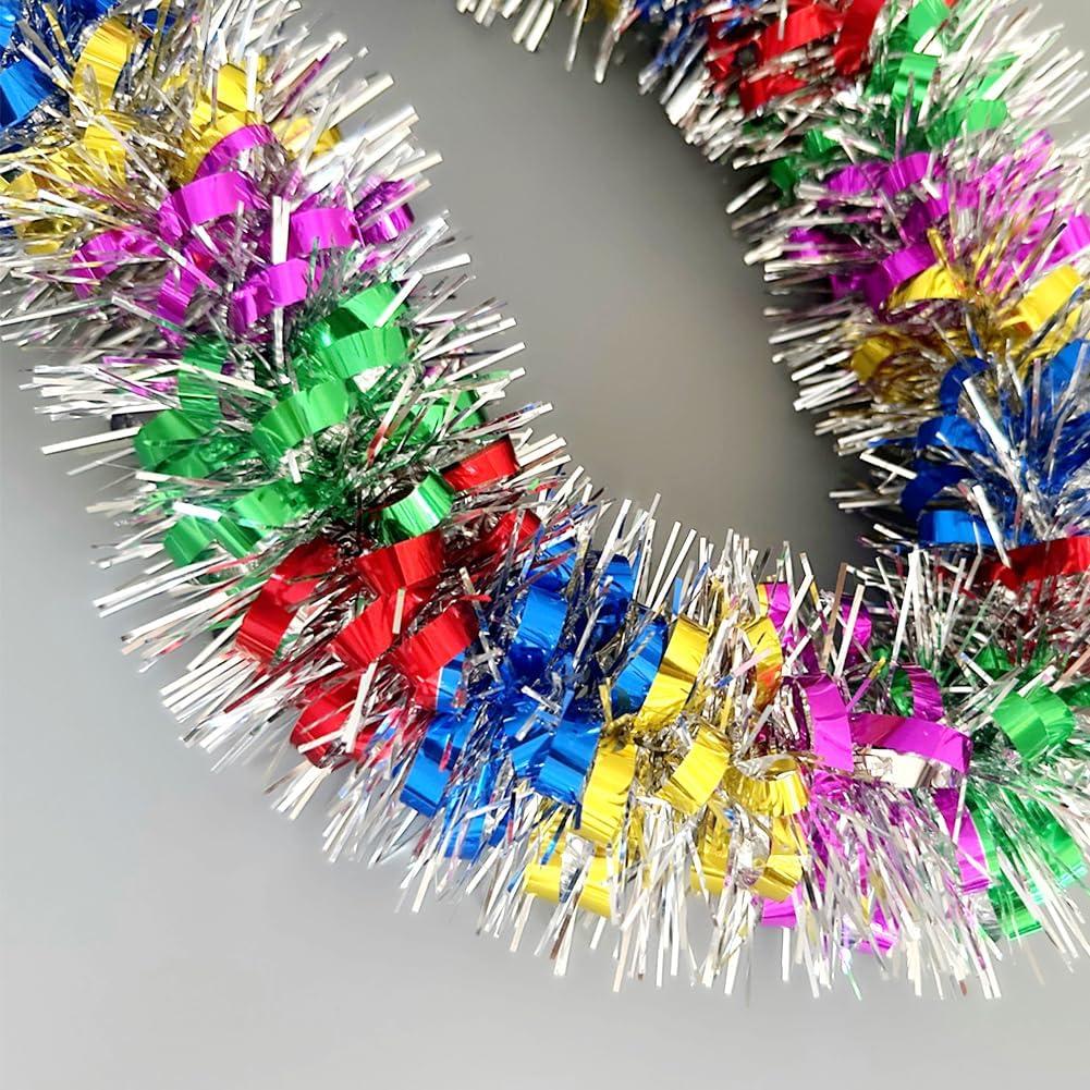 33Ft Christmas Tinsel Garland Shiny Thick Tinsel Decor Xmas Tree Decorations Metallic Twist Foil Garland for Birthday Teachers' Day New Year Parties Indoor Outdoor Party Supplies - Colourful 1