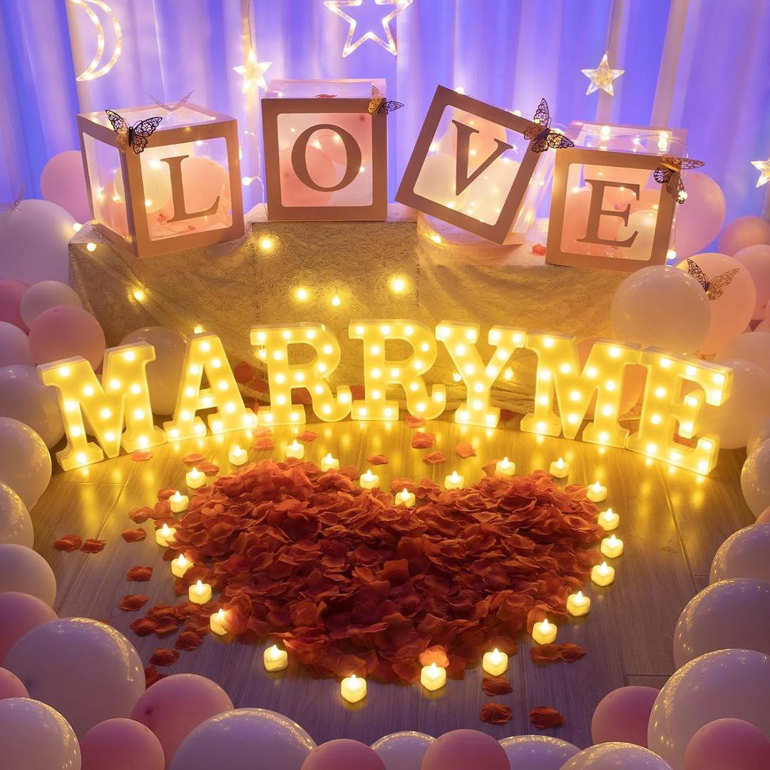 6147pcs Marry Me LED Marquee Light Up Letters Sign Proposal Decorations with 24 LED Heart Shape Light Love Balloon Box for Wedding Valentine Anniversary Party Banquet Props