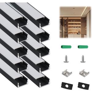 10-Pack 3.3ft/1m U-Shape LED Aluminum Channel with Milky White Cover, Black LED Strip Light Track, High Transmittance Diffuser for Under Cabinet, Shelf, Stairs, fits 12mm Wide Strips