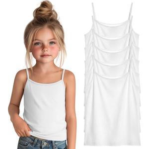 5 Pack Girls Sleeveless Camisole Tank Tops Kids Cami Basic Undershirt for Layering Soft Breathable 5-14 Years (White)
