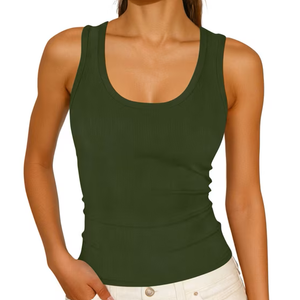 Free People Womens Scoop Neck Ribbed Tank Top Summer Sleeveless Layering Shirts, Army Green Small
