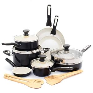 GreenPan Rio 16 Piece Cookware Pots and Pans Set, Hard Anodized Healthy Ceramic Nonstick PFAS-Free, Bakelite Handles, Frypans, Saucepan, Saute Pan, Stock Pot, Kitchen Tools, Dishwasher Safe, Black