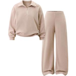 RoseSeek Girl's 2 Piece Clothing Sets Collared Half Zip Sweatshirts and Wide Leg Pants Fall Outfits, Apricot 5Y