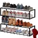 2 Pack Expandable Wall Mounted Shoe Rack, 17"-31" Adjustable Hanging Shoe Rack Holds 16 Pairs, Heavy Duty Metal Shoe Holder with 4 Storage Hooks, Space Saving for Entryway Closet DoorwayBlack