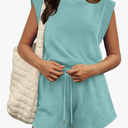 OFEEFAN Rompers for Women Summer Cap Sleeve Adjustable Drawstring Waistband Crewneck Casual Outfits with Pockets, L