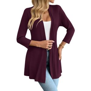 Bettysays Cardigan for Women 3/4 Sleeves Open Front Spring Summer Lightweight Cute Flowy Skirt Hem Cardigans (X-Large, A-08 Burgundy)