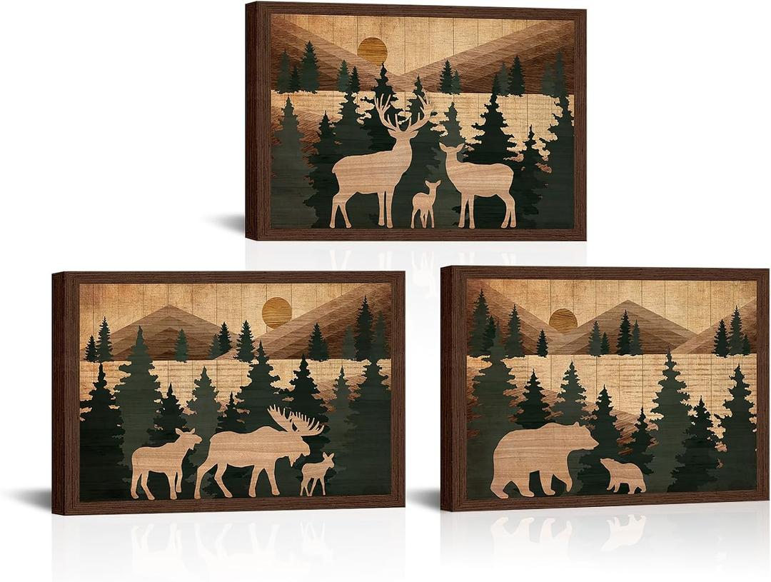 Visual Art Decor Large Cabin Decor Picture Bear Moose Deer Painting Pictures Framed Canvas Print Living Room Bedroom Office Wall Decor 24" Lx16 Hx3 Pieces