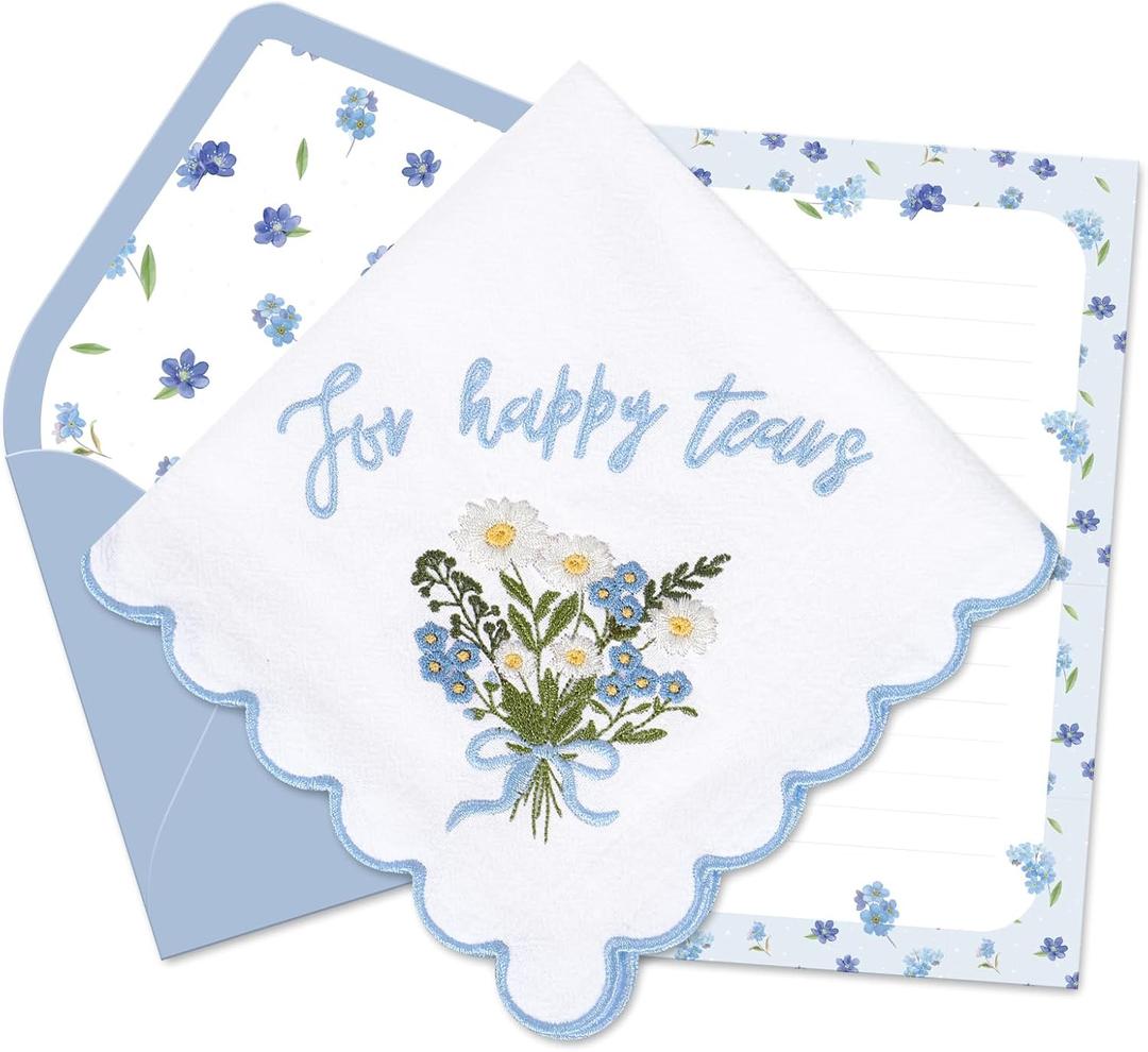 FYSUIMU 9 Pcs Happy Tears Handkerchief Blue Floral Embroidered Cotton Handkerchief with Greeting Card Envelope Something Blue for Wedding Bride Shower (Blue)