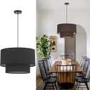 VILUXY Modern Black Chandelier Fabric Pendant Light Fixture Double Drum Shade Hanging Ceiling Chandelier 3 Lights Round Linen for Bedroom Dining Room Living Room Foyer