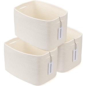 Cotton Rope storage Basket Bins Woven Basket for Organizing Shelves Rectangle Decorative Baskets For storage Clothes Toys Books Towels Square Wicker Nursery basket organizer 3 pack white