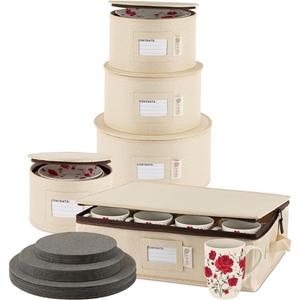 Hard Shell China Storage Containers 5-Piece Set Moving Boxes for Dinnerware - Sturdy Dish Organizer with Extra 48 Dividers for Seasonal Storage - Service for 12 - Beige