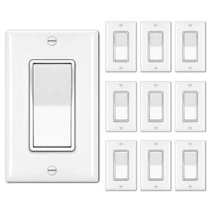 BESTTEN 10 Pack Single Pole Decorator Light Switch with Wallplate, 15A 120/277V, Rocker Paddle Wall Switch, On/Off Interrupter for LED and Other Lamps
