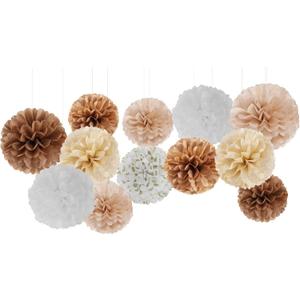 Boho Baby-Shower Party-Decorations Tissue Pom-Poms - 12pcs Neutral Rainbow Birthday Wedding Bridal Paper Flowers Streamers,White Brown Champagne Engagement Bachelorette Christmas Decor Ouruola