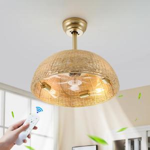 19.3" Rattan Caged Ceiling Fan with Lights 4-Lights Boho Flush Mount Bamboo Fandelier with Remote Reversible Farmhouse Wicker Fan Chandelier for Bedroom Living Room Dining Room Entryway