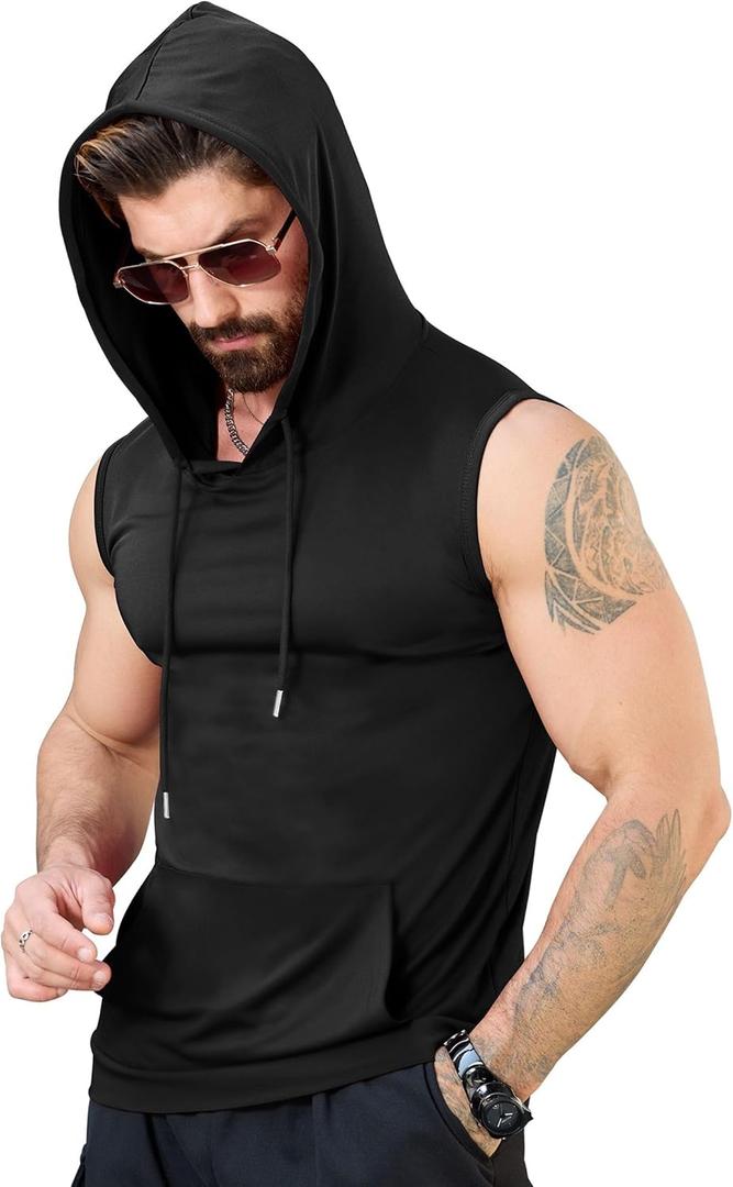 Aiyino Men's Workout Hooded Tank Tops Bodybuilding Muscle Cut Off T Shirt Sleeveless Gym Hoodies (X-Large, Black)