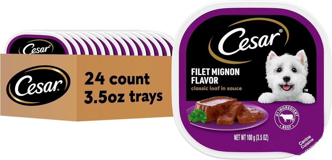 Cesar Wet Dog Food Classic Loaf in Sauce Filet Mignon Flavor, 3.5 oz. Easy Peel Trays (24 Count, Pack of 1)