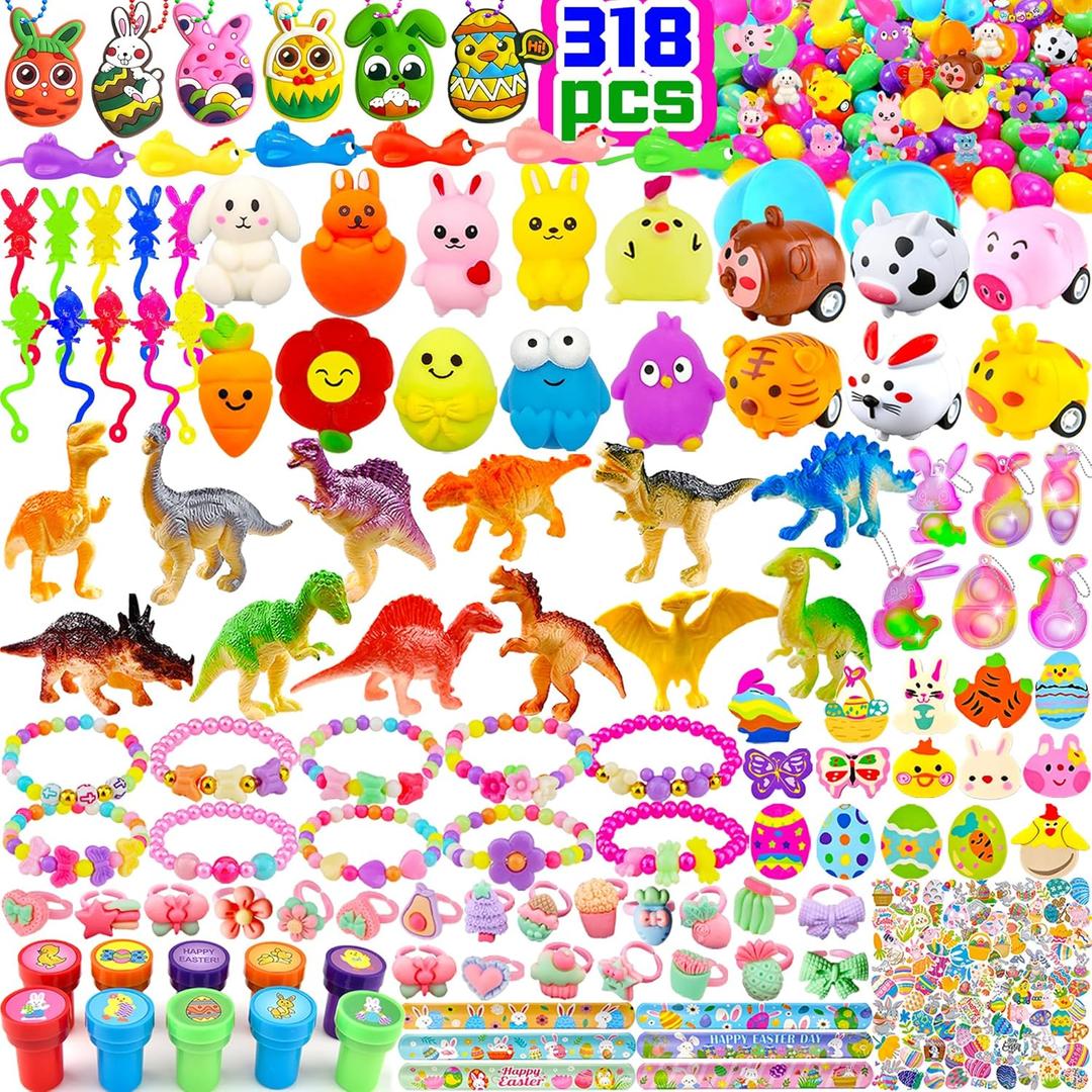 318 pcs Bulk Easter Eggs filled with Toys inside filled Easter Eggs Easter Basket Stuffers 100 pack self filled Easter Egg Hunt Easters Party Favors Easters Egg Fillers for Kids Toddlers Boys Girls