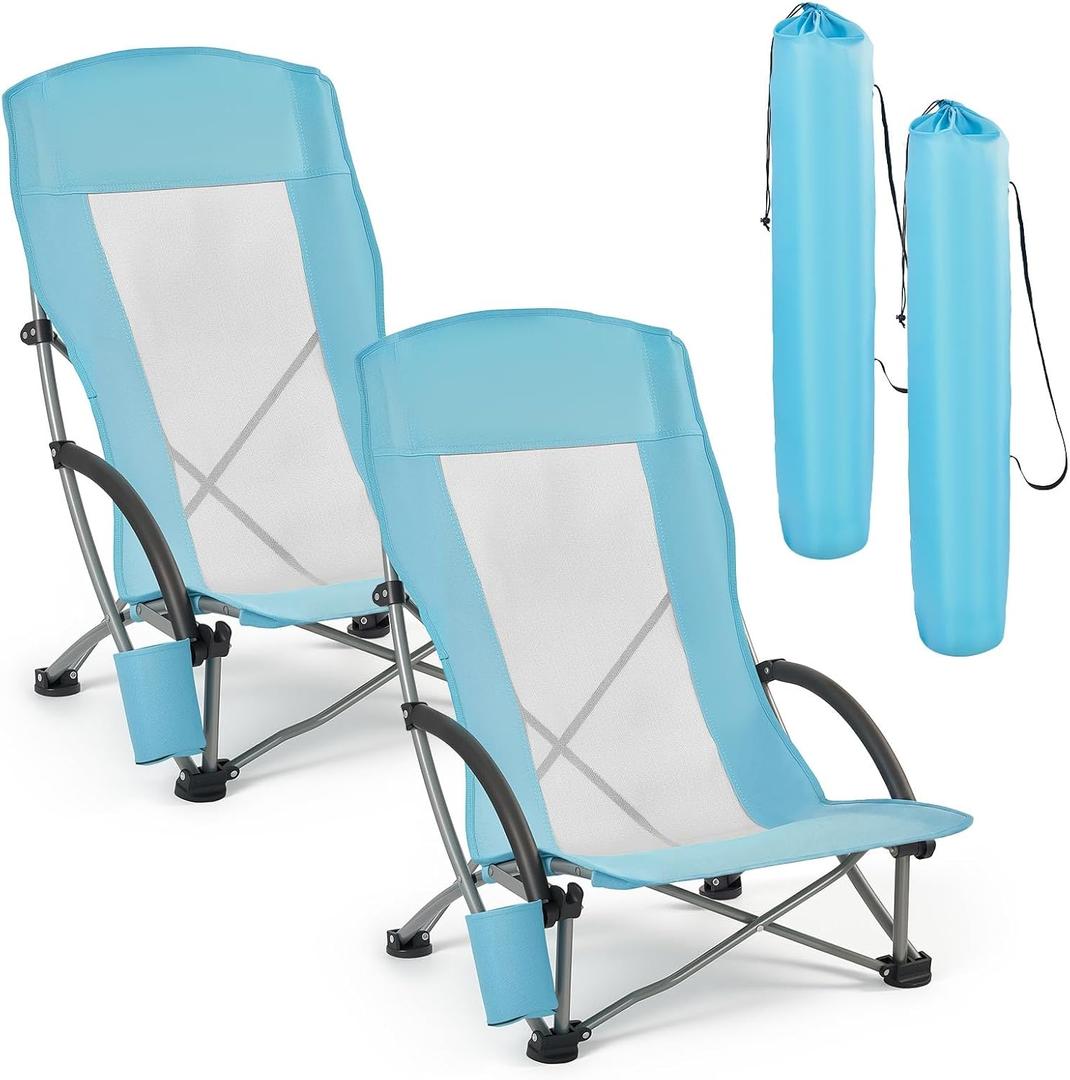 VEVOR Folding Beach Chair, High Back Camping Chairs for Adults, with Cup Pocket, Mesh Back, Carry Bag, Portable Extra Wide Seat Chair 330 lbs Heavy Duty Support, for Outdoor, Camp, Light Blue, 2 Pack