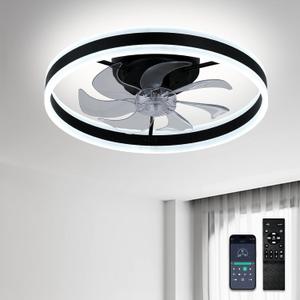 Low Profile Ceiling Fans with Lights and Remote,20" Flush Mount Fandelier Dimmable LED Fan Light Black Bladeless Ceiling Fans with Lights for Bedroom, Kids Room and Living Room (1005-50-Black)