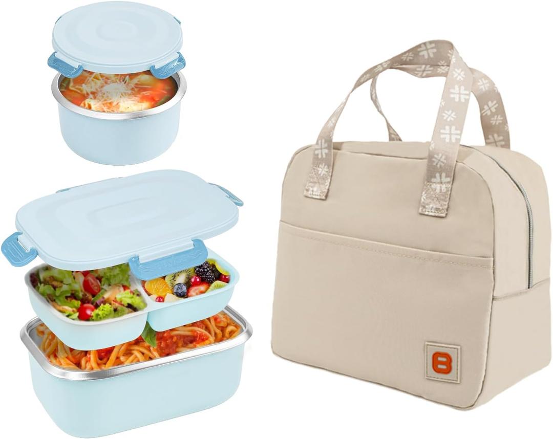 18/8 Stainless Steel Bento Box, Bento Lunch Box with Soup Bowl for Kids and Adults, Food Containers with Bag for Office or School, Pink (Blue)