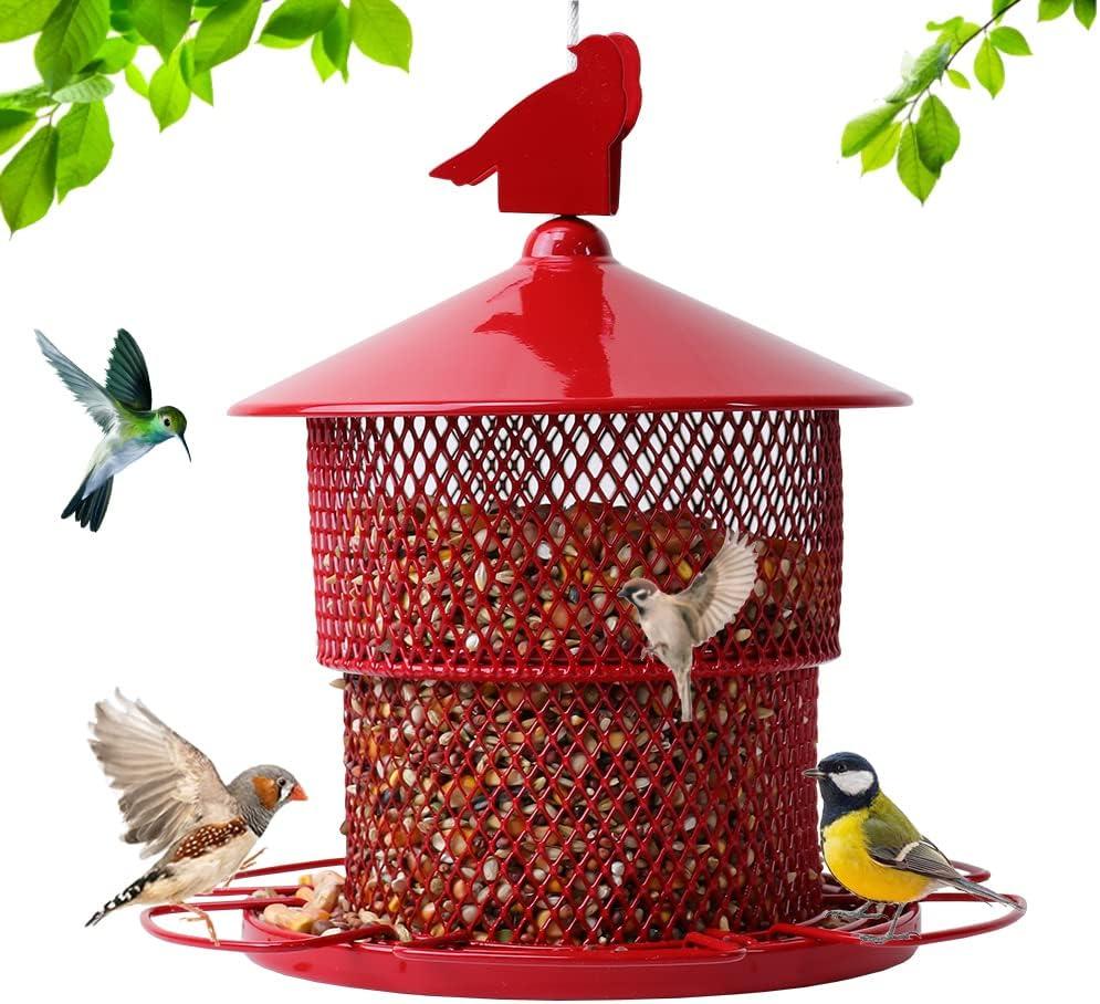Metal Bird Feeder for Outside Hanging, Bird Feeders Squirrel Proof, 4 Lbs Large Capacity Iron Tube Mesh Wild Birdfeeder for Outdoor Finch Cardinal Chickadees Blue Jay -Red