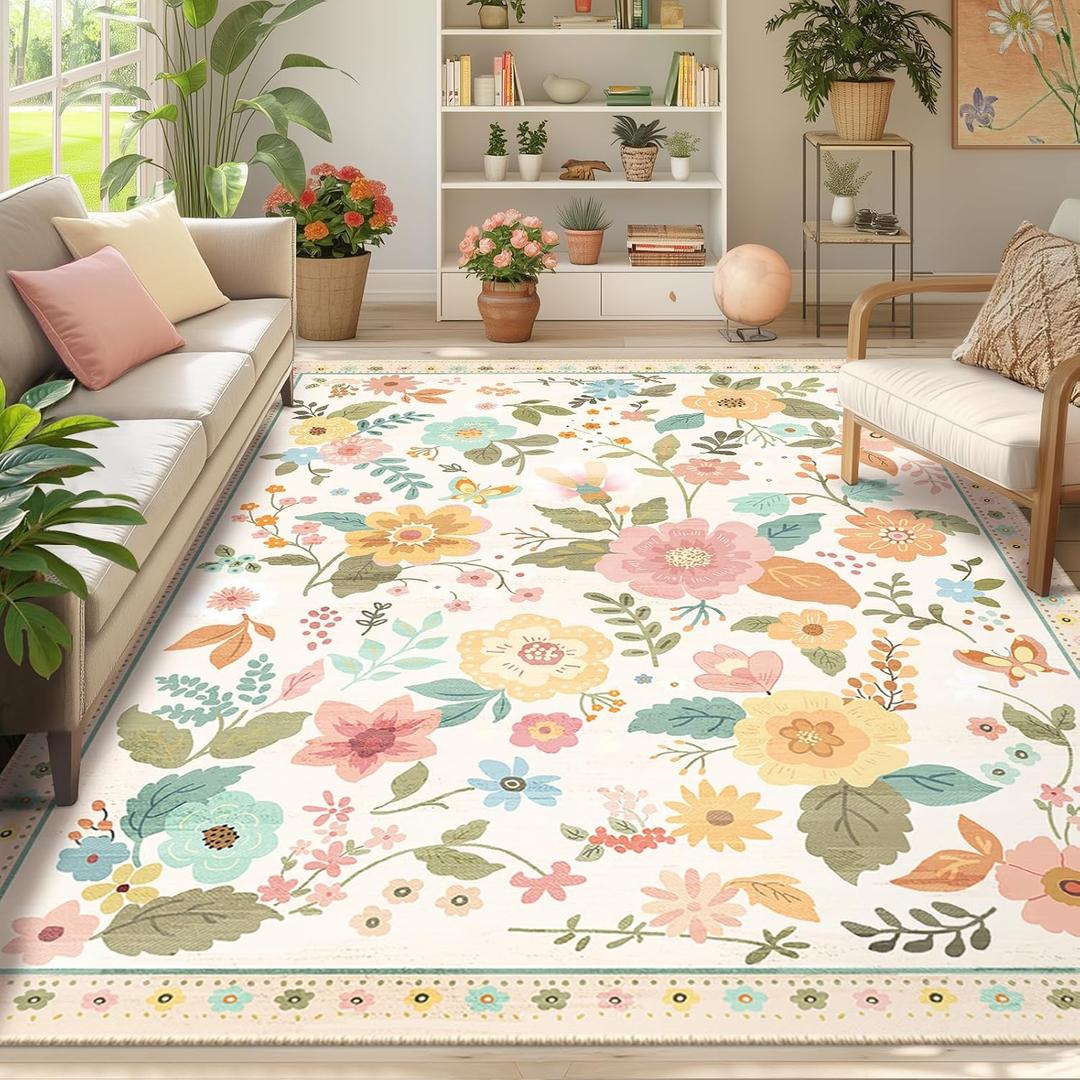 Floral Nursery 6x9 Area Rugs Washable Print Boho Cute Carpet Non Slip Flower Low Pile for Living Room Kids Girls Playroom Bedroom Kitchen Office Farmhouse-Beige/White/Orange