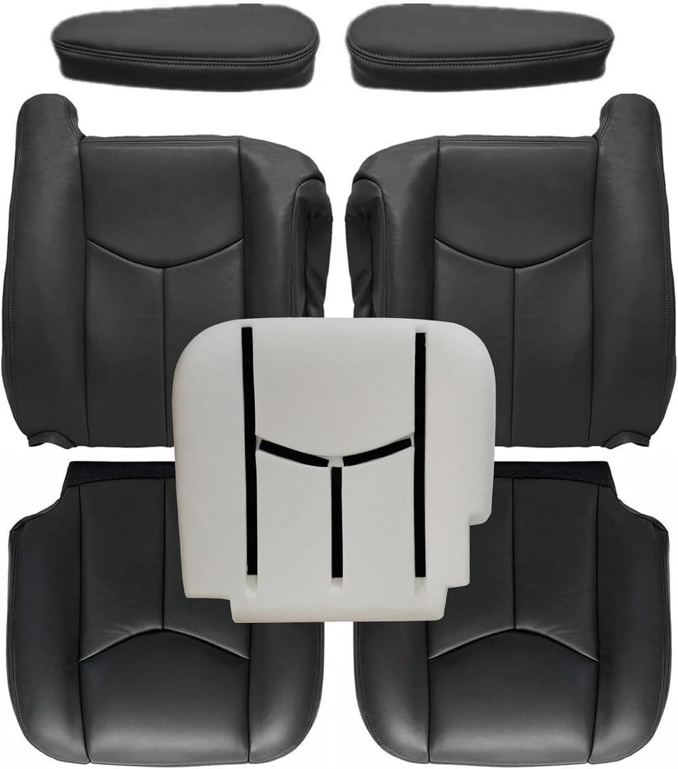 NLQR Driver and Passenger Side Bottom and Top Seat Covers & 2Pcs Seat Armrests & Driver Bottom Foam Cushion Compatible with Chevy Silverado Avalanche Tahoe Suburban Yukon GMC Sierra 2003-2007