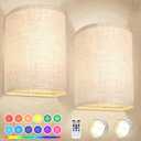 Battery Operated Wall Sconces Set of Two, 18 RGB Colors Stick on Wall Lights with Remote, Changeable Dimmable Height Fabric Battery Powered Wall Lights for Bedroom Living Room Hallway