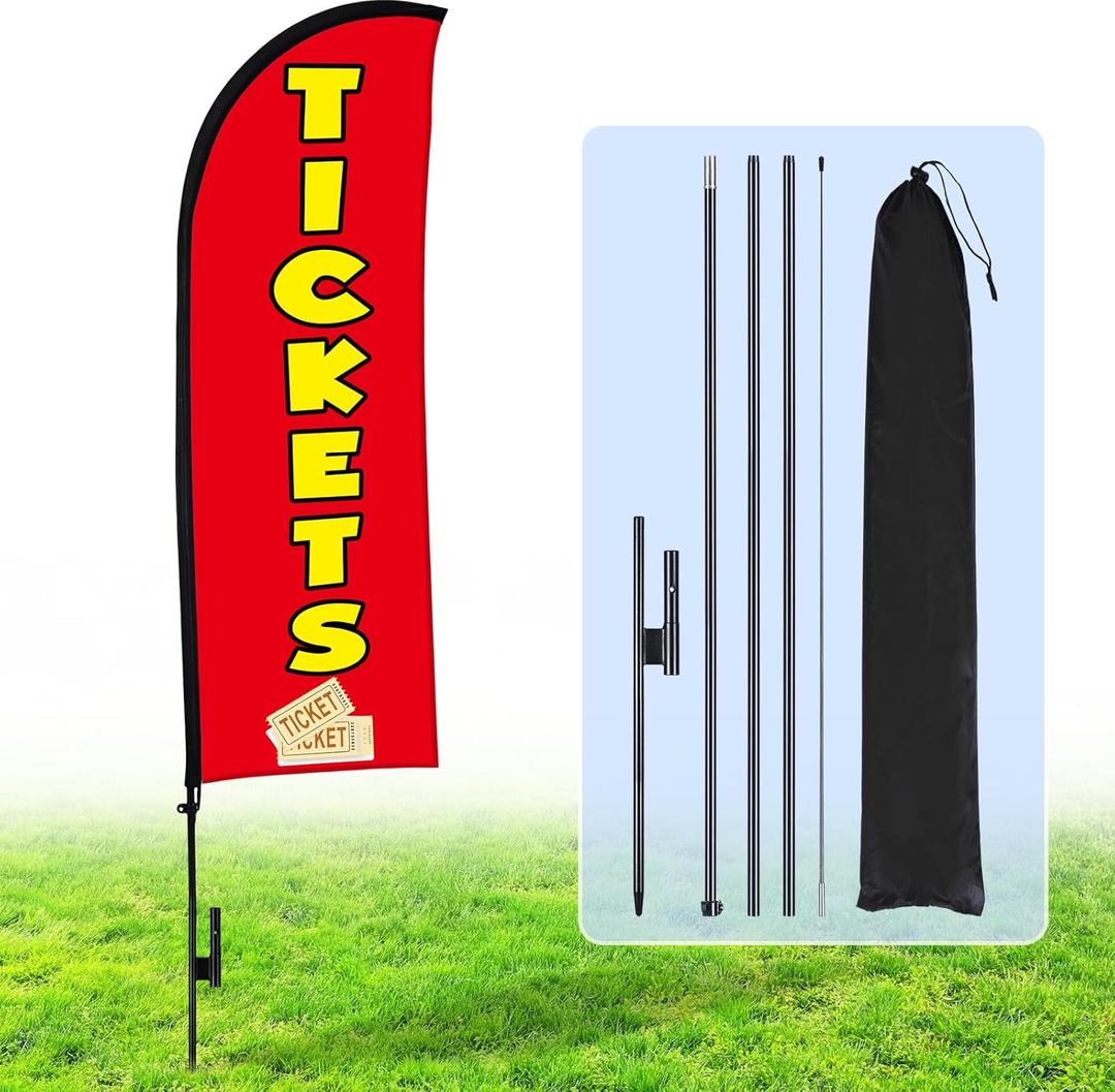 Buryeah 15 ft Tickets Swooper Flag Kit Tickets Feather Banner for Outdoor with Flagpole Ground Stake and Portable Bag Windless Feather Banner Signs for Events