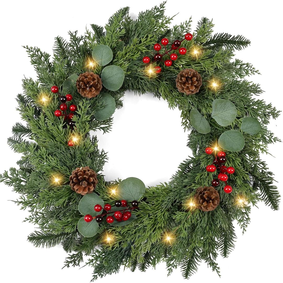 Christmas Wreath with Lights 24 Inch Real Touch Pine Wreath with Red Berries/Pine Cone Prelit Christmas Wreaths for Front Door Outdoor Christmas Decorations Winter Wreath for Windows Indoor Holiday